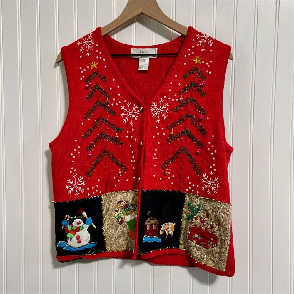 VTG Lisa International Christmas Vest L Red Knit Snowman Reindeer Ugly‎ Sweater